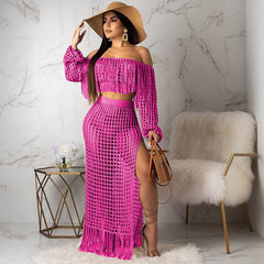 Casual Mesh Tassel Beach Skirt Two Piece Set