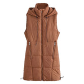 Gilet long à capuche décontracté simple avec cordon de serrage, coupe ajustée, veste matelassée en coton, veste chaude en coton