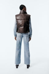 Gilet chaud décontracté en similicuir avec fermeture éclair et col montant