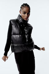 Gilet chaud décontracté en similicuir avec fermeture éclair et col montant