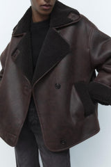Retro Imitation Lamb Wool Collared Faux Shearling Jacket Double Sided Jacket Coat