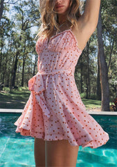 Pink Polka Dot Brace Jumpsuit Lace up Backless Shorts