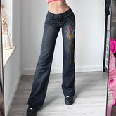 Jeans im Retro-Stil mit Schmetterlingsstickerei, niedriger Bund, gerades Bein