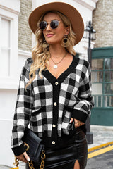 Plaid V-Neck Dropped Shoulder Cardigan