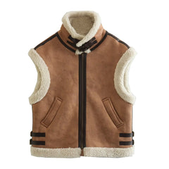 Gilet épais à col en fourrure marron