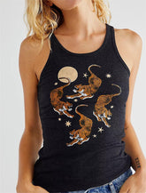 Slim Fit Trägertop mit Rundhalsausschnitt und drei Tiger-Print, hochelastischem Garn