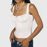 Gilet à bretelles en tricot avec lacets et nœud, doublure blanche, corset à baleines, haut à la taille