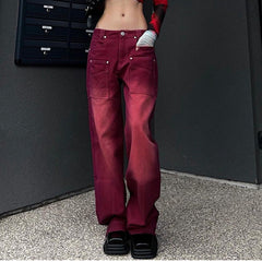 Jean droit délavé rouge rétro taille haute pantalon ample à jambes larges