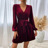 V neck Tight Waist A line Dress Long Sleeve Velvet Cocktail Dress