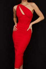 Robe de Noël plissée dos nu avec anneau en acier et corset à armatures et découpes en maille