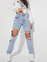 High Waist Straight Large Ripped Denim Trousers