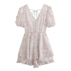 V neck Slingback Printed Ruffled Short Sleeves Jumpsuit Shorts