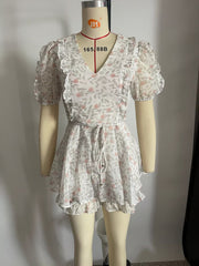 V neck Slingback Printed Ruffled Short Sleeves Jumpsuit Shorts