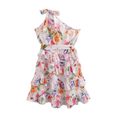 Floral Print round Neck Backless Tiered Dress