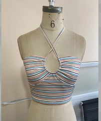 Slim Fit Drawstring Striped Vest Pleating Backless Halter Lace Up Vest