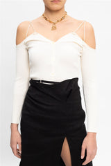 Solid Color Thread Sling Ruffle V Neck Long Sleeve Hollow Out Short Sweater