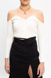 Solid Color Thread Sling Ruffle V Neck Long Sleeve Hollow Out Short Sweater