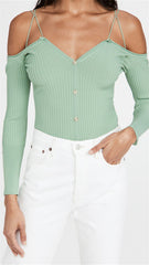 Solid Color Thread Sling Ruffle V Neck Long Sleeve Hollow Out Short Sweater