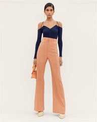 Solid Color Thread Sling Ruffle V Neck Long Sleeve Hollow Out Short Sweater