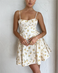 French Slim Short Waist Trimming Printing Ruched Steel Bracket Suspender dress Slim Fit Floral Dress