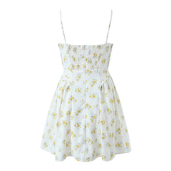 French Slim Short Waist Trimming Printing Ruched Steel Bracket Suspender dress Slim Fit Floral Dress