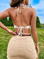 Vacation Crochet Solid Halter Tank Crop Camis