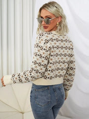 Pull jacquard décontracté à manches longues et col ras du cou pour l'automne