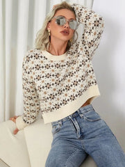 Pull jacquard décontracté à manches longues et col ras du cou pour l'automne