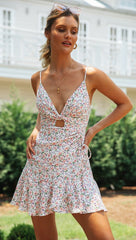 V neck Printed Wear Short Hollow Out Cutout Backless Dress