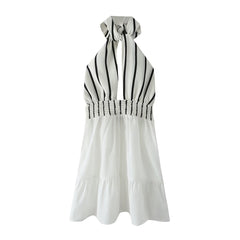 Halter Striped Contrast Color Lace up Cinched Patchwork Dress