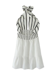 Halter Striped Contrast Color Lace up Cinched Patchwork Dress