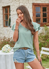 T Shirt Mesh Hollow Out Cutout Out Ruffle Sleeve Casual Top