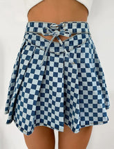 Pleated Skirt Denim Skirt Hollow Out Cutout High Waist Tie Neck Plaid Printed Short Skirt