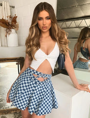 Pleated Skirt Denim Skirt Hollow Out Cutout High Waist Tie Neck Plaid Printed Short Skirt
