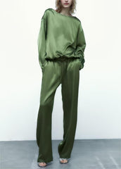 Casual Pocket Decoration Draped Long Sleeved Shirt High Waist Trousers Suit