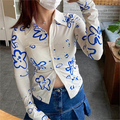 Collared Print Cardigan Button Casual Shirt Top