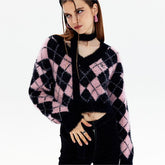 Niche Rhombus Pullover Show Nabelschnur V-Ausschnitt Pullover Mädchen
