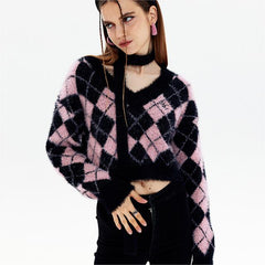 Niche Rhombus Pullover Show Nabelschnur V-Ausschnitt Pullover Mädchen