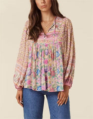 Positioning Printing Patchwork Top Ethnic Vacation Long Sleeve Rayon Shirt