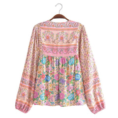 Positioning Printing Patchwork Top Ethnic Vacation Long Sleeve Rayon Shirt