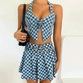 Denim Neckholder Weste Unregelmäßiges asymmetrisches Schnür-Karo-Camisole