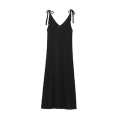 V neck Mid Length Hollow Out Cutout Knitted Tie Strap Dress