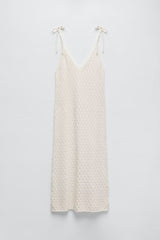 V neck Mid Length Hollow Out Cutout Knitted Tie Strap Dress