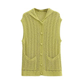 Lapels Pocket Texture Loose Knitted Cardigan Vest