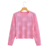 Fall Casual round Neck Pullover Long Sleeve Translucent Floral Print Knitwear