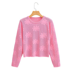 Herbst Lässiger Rundhalspullover Langarm Durchscheinender Blumendruck Strickwaren