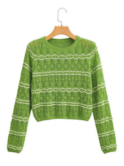 Kurzer grüner Strickpullover mit ausgehöhlter Cutout-Textur