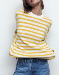 Long Sleeved Simple Top Yellow White Striped Sweater