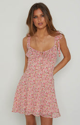 Vacation Floral V Neck Tie Cami A Line Dress