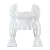 Square Collar Chest Lace up Shirt Bubble Long Sleeve High Waist Elastic Bust Short Top